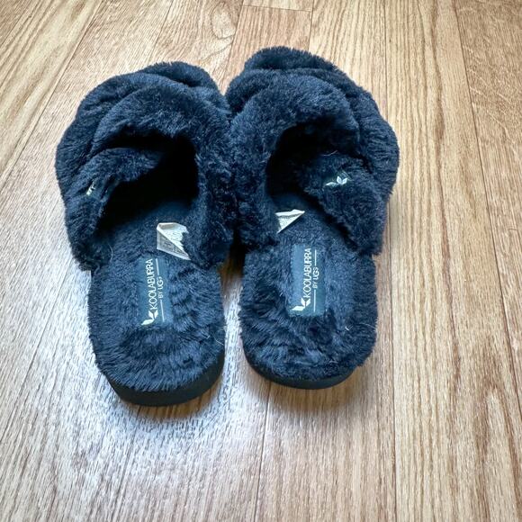 Koolaburra By Ugg Ballia Faux Fur Slippers Black Criss Cross Top Woman - Picture 4 of 5